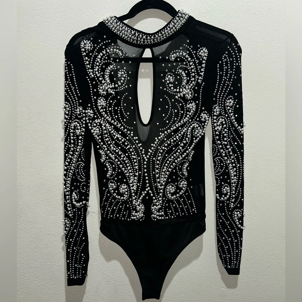 Small Chic Black mesh sheer pearls S Embellished Bodysuit - Picture 5 of 11